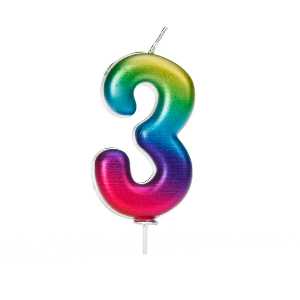 Age 3 Metallic Numeral Moulded Pick Candle Rainbow