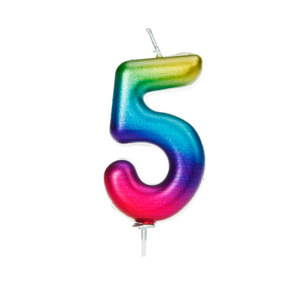 Age 5 Metallic Numeral Moulded Pick Candle Rainbow