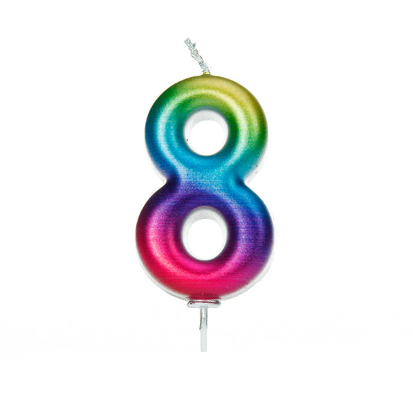 Age 8 Metallic Numeral Moulded Pick Candle Rainbow