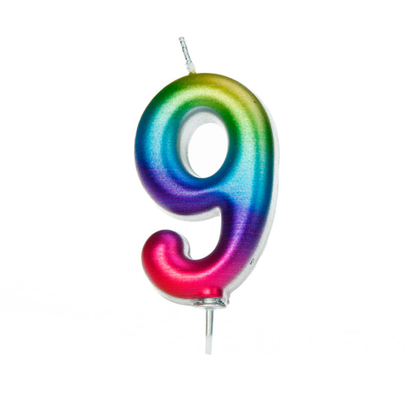 Age 9 Metallic Numeral Moulded Pick Candle Rainbow