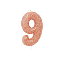Age 9 Glitter Numeral Moulded Pick Candle Rose Gold