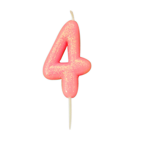Age 4 Glitter Numeral Moulded Pick Candle Pink