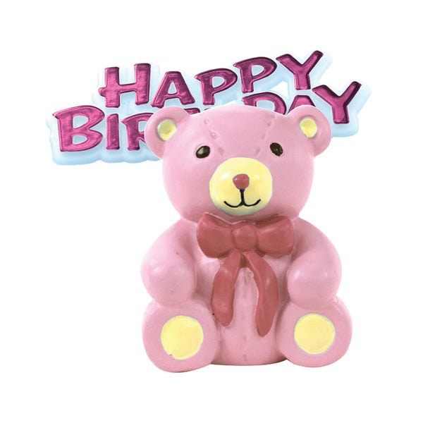Teddy Bear Resin Cake Topper & Pink Happy Birthday Motto