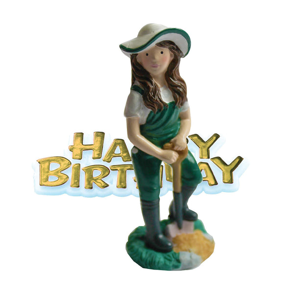 Female Gardener Resin Cake Topper & Gold Happy Birthday Motto