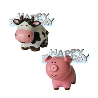 Farm Animals Resin Cake Toppers & Silver Happy Birthday Motto Assorted Designs 6 of Each