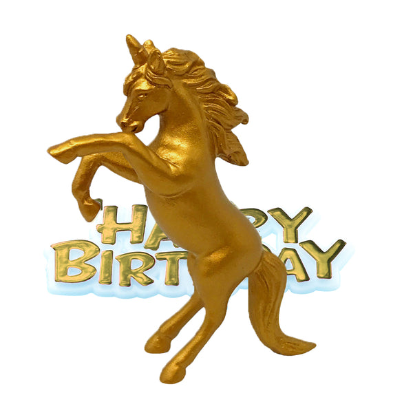 Unicorn Resin Cake Topper & Gold Happy Birthday Motto