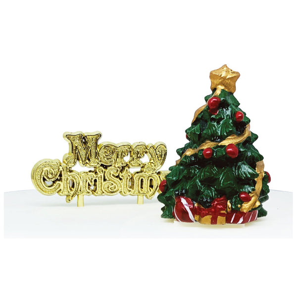Traditional Christmas Tree Resin Cake Topper & Gold Merry Christmas Motto Luxury Boxed