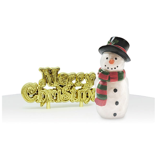 Traditional Snowman Resin Cake Topper & Gold Merry Christmas Motto Luxury Boxed