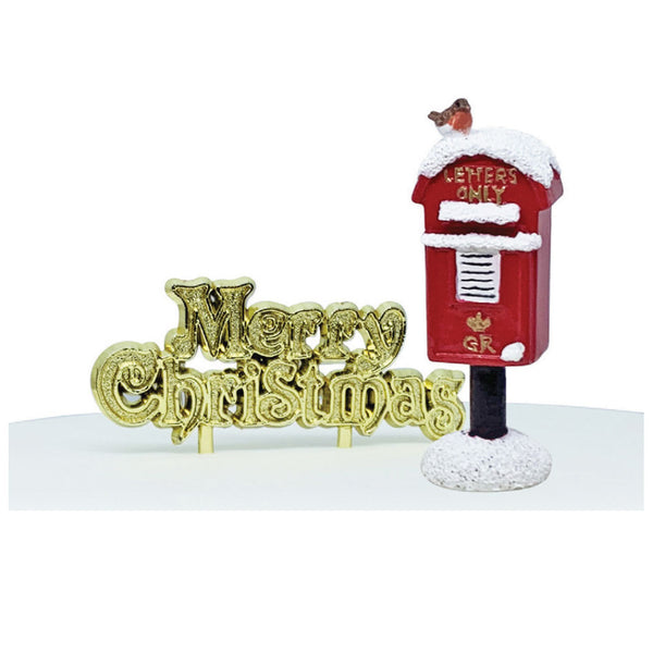 Countryside Post Box Resin Cake Topper & Gold Merry Christmas Motto Luxury Boxed