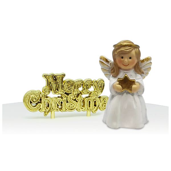 Nativity Angel Resin Cake Topper & Gold Merry Christmas Motto