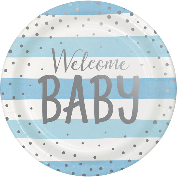 Blue and Silver Celebration Paper Dinner Plates Welcome Baby Foil
