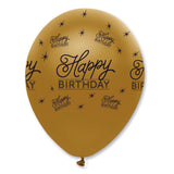 Black and Gold Happy Birthday Latex Balloons Pearlescent All Round Print