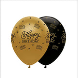 Black and Gold Happy Birthday Latex Balloons Pearlescent All Round Print