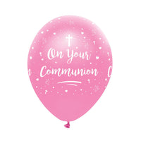 On Your Communion Pink Latex Balloons Pearlescent All Round Print Bulk